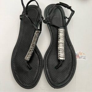 Brian Atwood Black Leather Flat Strappy Sandals Crystal Embellishments 8.5 / 39